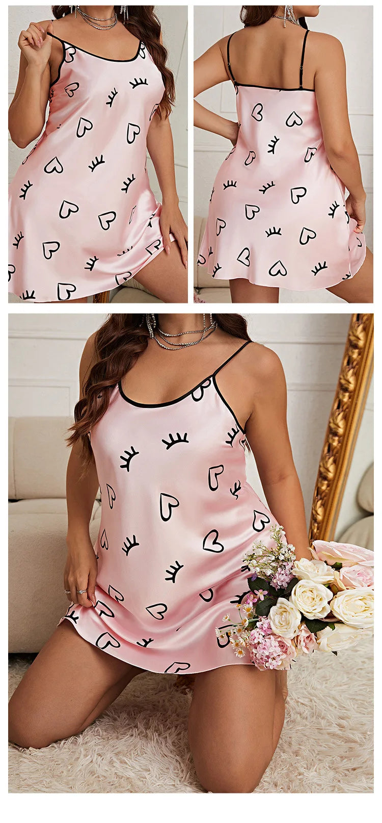 Floral Print Nightgown Oversize 4Xl 5Xl Sleepwear Women Satin Nightwear Sexy Cami Home Dress V-Neck Lingerie Homewear Nightwear
