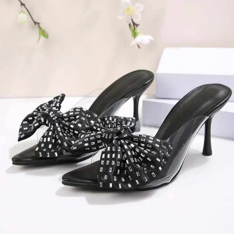 French New Pointed Toe Rhinestone Bow Outwear Summer Block Heel Half-Slip Pump for 2026