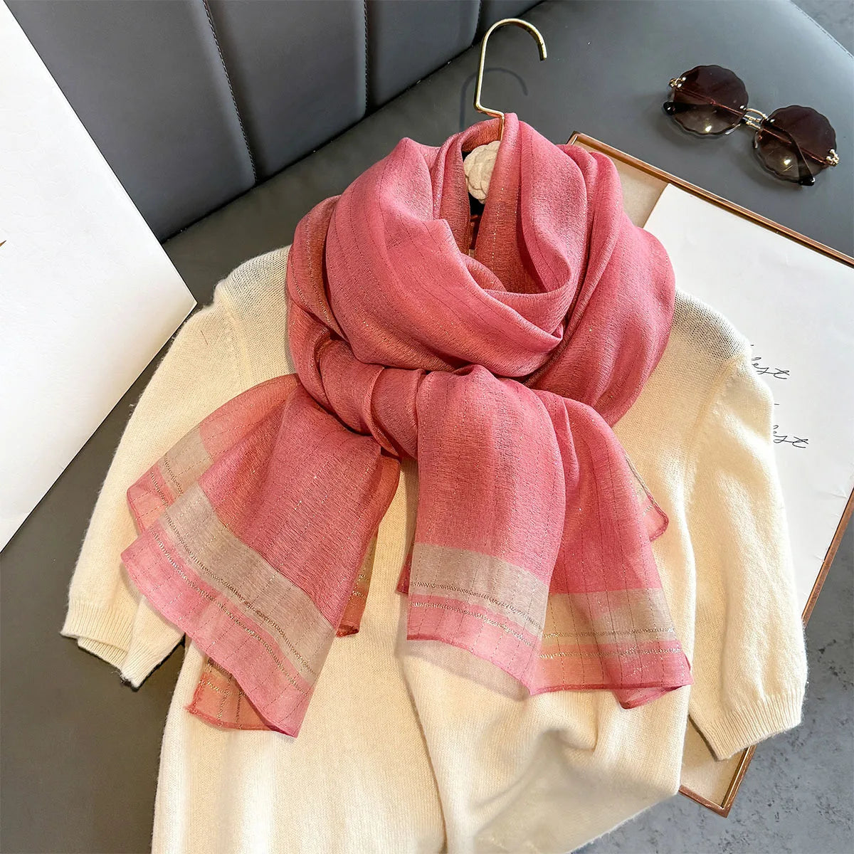 Luxury Long Scarf For Women Elegant Hijab For Travel Beach Soft Stain Neckerchief Shawl Solid Color Imitation Silk Scarves