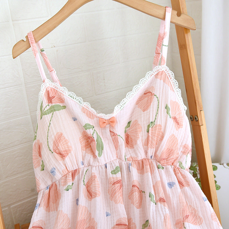 2026 New Summer Women's Pajama Set 100% Cotton Suspenders+Shorts with Chest Pads Two Piece Set of Ladies Flower Home Furnishings