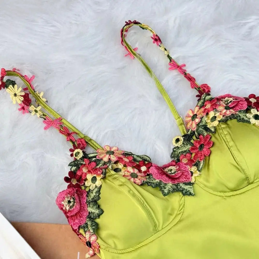 Flower Embroidery Women's Pajama Dress Sleeveless Thin Satin Silk Suspender Nightdress Sleepwear Beauty Back