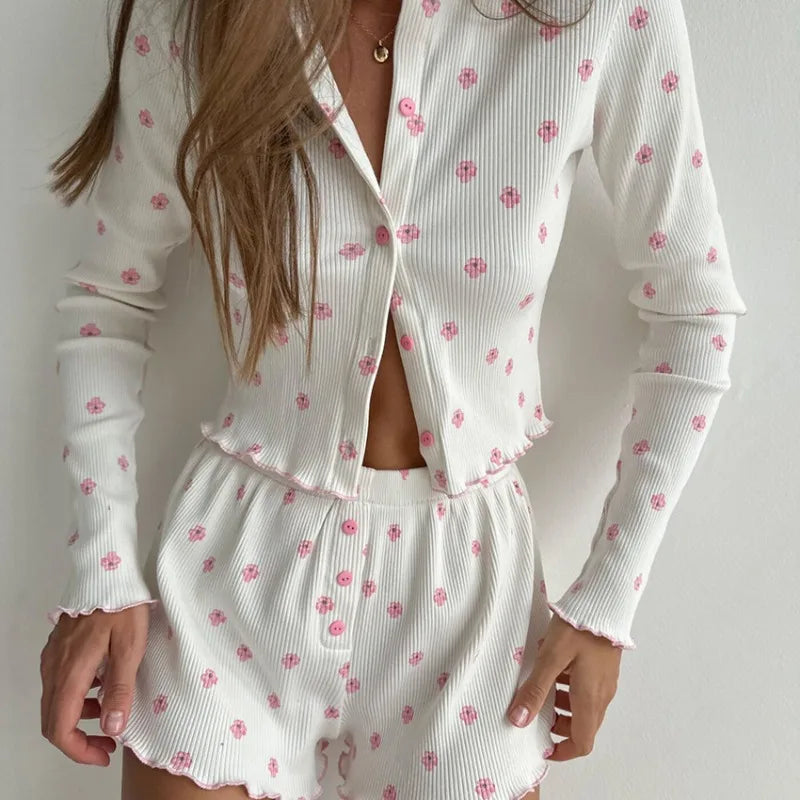 2025 New Ribbed Knit Pajama Set for Girls Print Floral Long Sleeve Top Shorts Casual Fashion Loungewear Sleepwear for Women