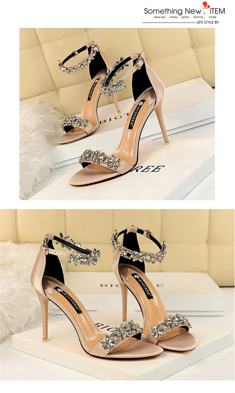 Open Toe Rhinestones Sandals Women 2024 New Designer Luxury High Heels Female Shoes Summer Heeled Satin One Word Belt 368-1