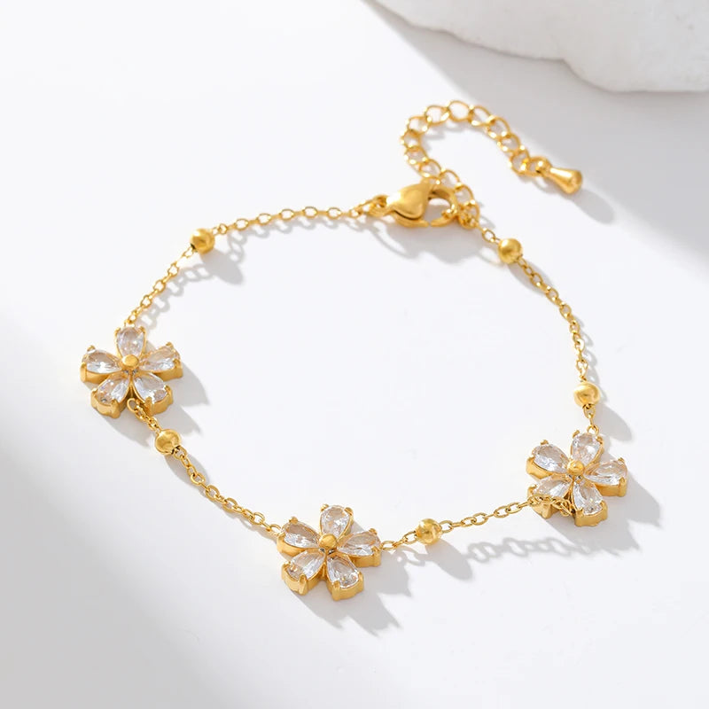 GANEMLY 316L Stainless Steel Round Sparkling Zirconia Bracelet For Women Fashion Fine Wrist Chain Waterproof Jewelry Lady Gift