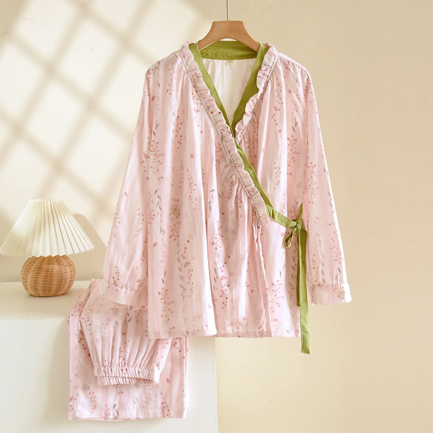 Japanese Kimono Style Pajama Set Women Ruffle V Neck 100% Cotton Crepe Loungewear Breathable Floral Sleepwear for Spring