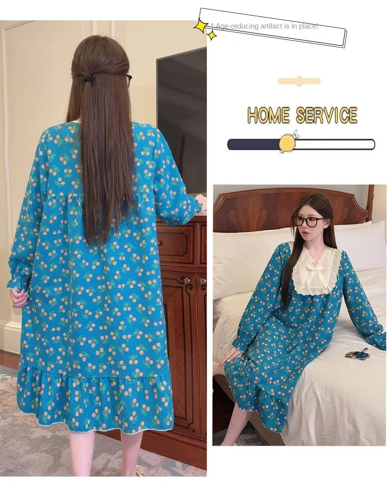 2026 Comfy Long Sleeve Home Dress, Women's Floral Print Loungewear for Spring Autumn, Oversize Sweet Korean Style