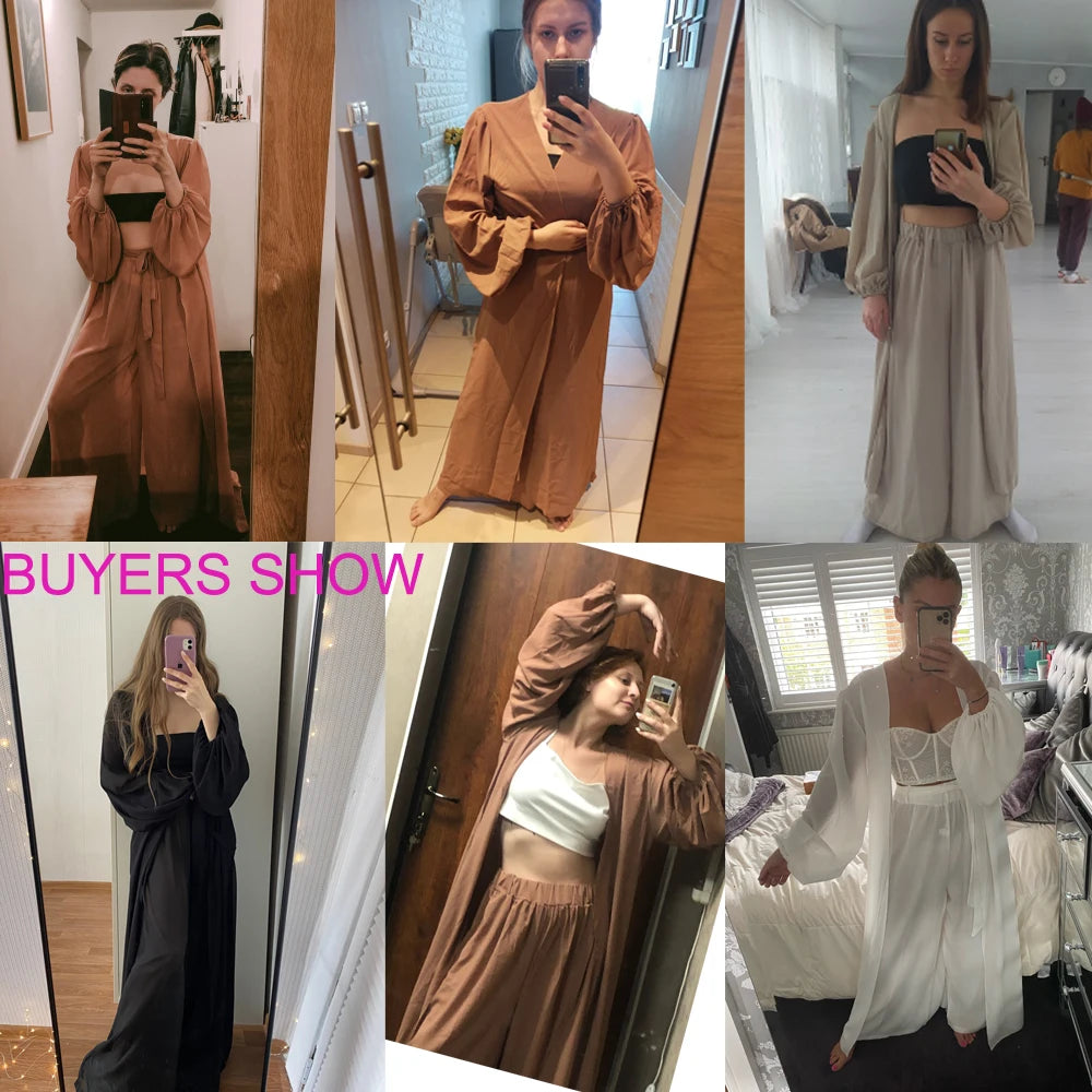 Women 3 Piece Sets Homewear Fashion Casual Lantern Sleeve Cardigan Tops+Wide Leg Pants Suits Lady Spring Soft Three Piece Outfit