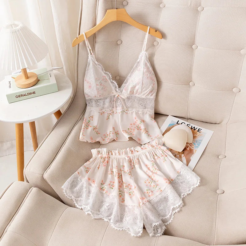 Sexy Suspender Pajamas Set Sleepwear Print Flower Lace Trim Sleepwear Intimate Lingerie Summer New Silk Satin Nightwear Homewear
