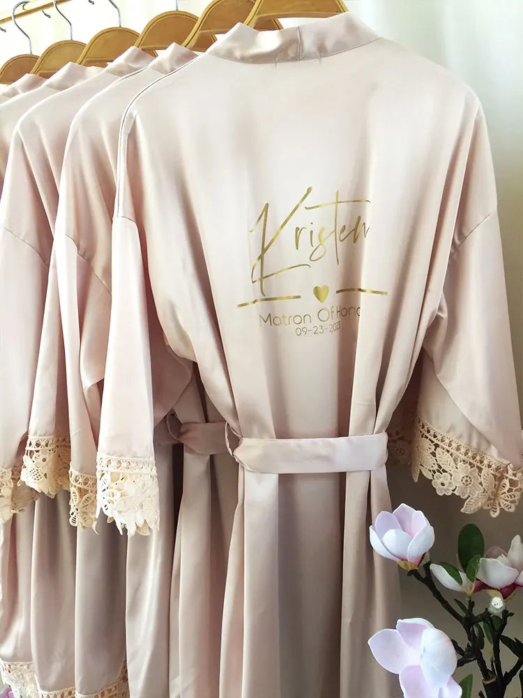 Personalized Name Dressing Gown Bride Kimono Silk bridesmaid Gowns Custom Wedding Nightgown Bachelorette Party Floral Trim Robes
