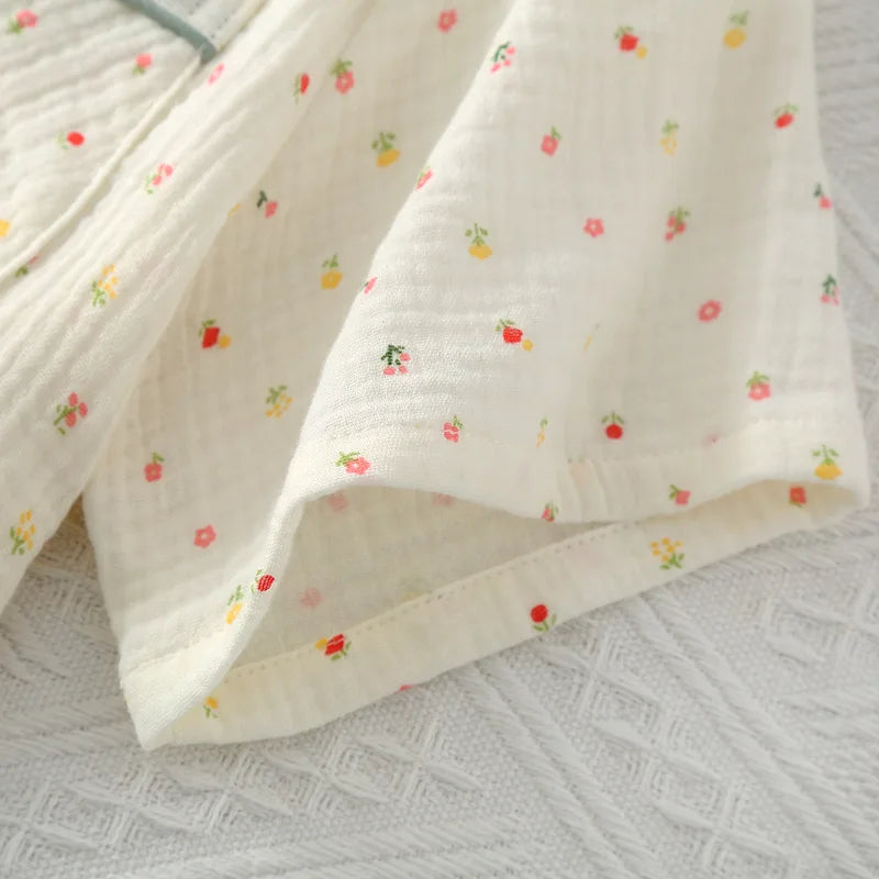 Pajamas pure cotton three-piece set spring and summer thin crepe autumn gauze lapel short-sleeved trousers shorts loungewear set