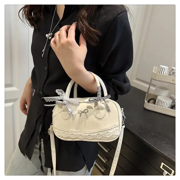 Simple Elegant Handbag Boston Shoulder bag Lace Ribbon Bow Decor Crossbody Bag Small Square Bag Casual Women Bags ﻿
