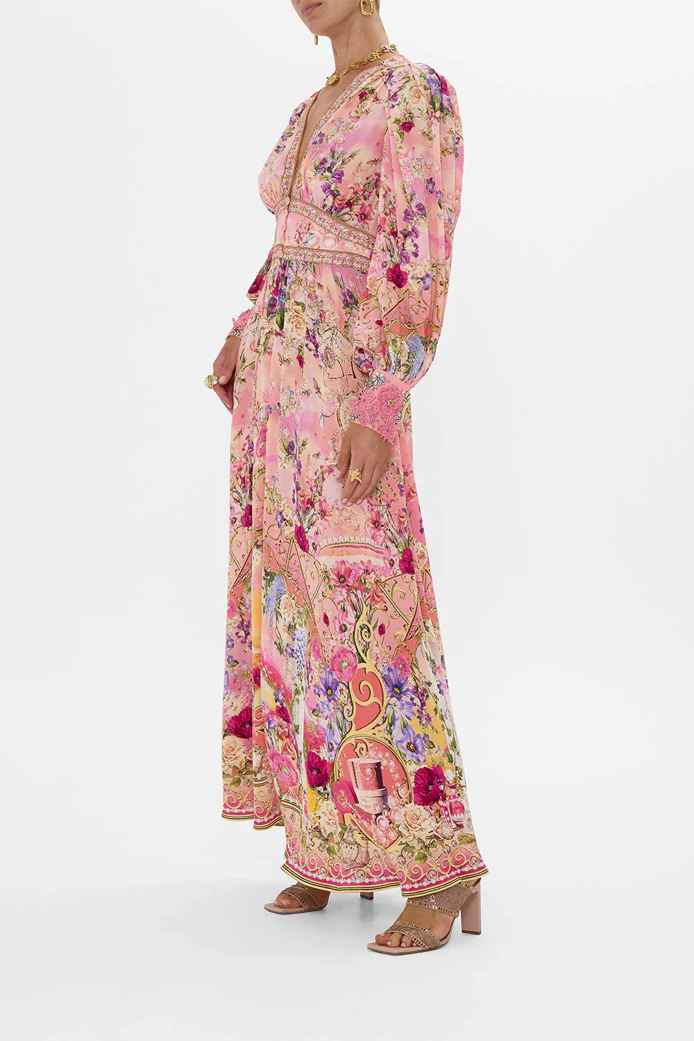 European and American New Arrival Hot Sale PrintingVCollar Long-Sleeved Bubble Sleeve Waist-Tied Summer New Women's Clothes