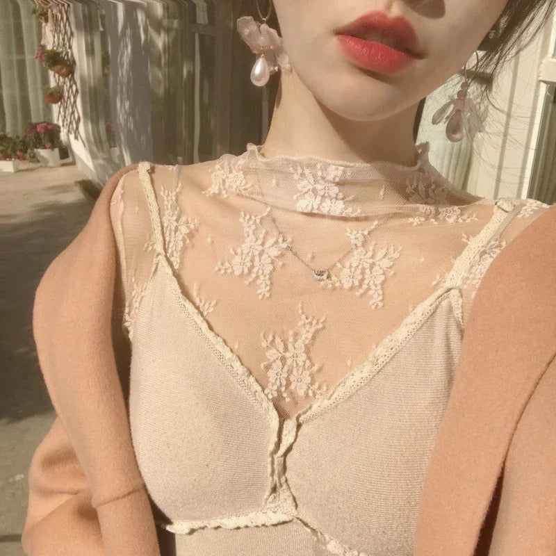 Sexy Floral Lace and Mesh Ruffle Nightgown Woman Sleep Tops Nightie Turtleneck Mesh Layering Top Y2k Floral Tee Shirts Blouse