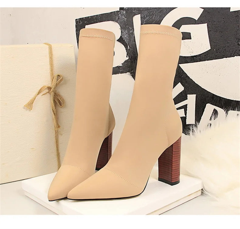 Mid-Calf Boots 2024 New Women Stretch Sock Boots Chunky Block Heels High Heels Silk Shoes Solid Color Short Boots Autumn 3129-3