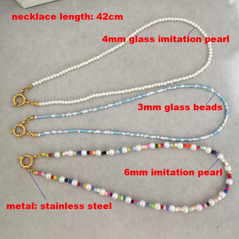 Imitation Pearl Necklace Women Choker Seed Beads Rainbow Stainless Steel Spring Clasp Sailor Buckle Base Chain Gold Color Boho