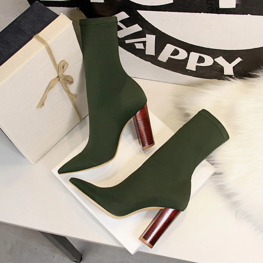 Mid-Calf Boots 2024 New Women Stretch Sock Boots Chunky Block Heels High Heels Silk Shoes Solid Color Short Boots Autumn 3129-3