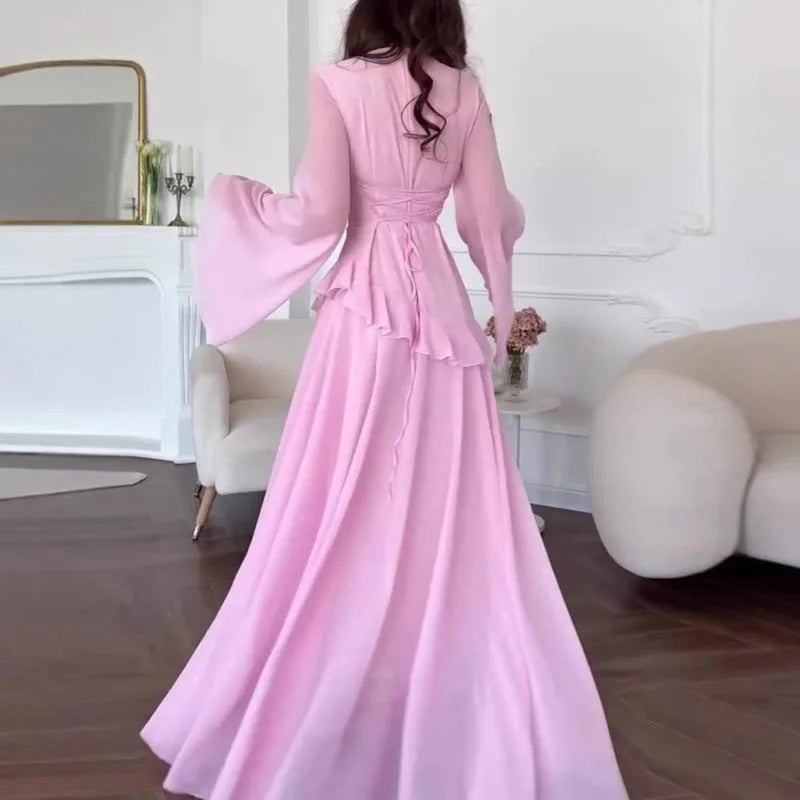 Robes for Woman Elegant O Neck Solid Ruffles Party Pleated Dress Spring Autumn Flare Sleeve Tie-up Slim Female Clothing Vestidos
