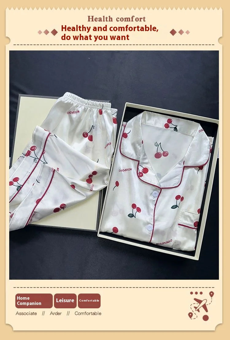 Sexy Women Satin Nightwear Plus Size Short Sleeve Cherry Print Sweet Rayon Sleepwear Top and Pants Shorts Girl Student Pajamas