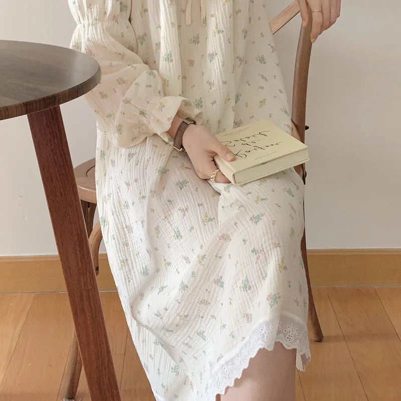 Sweet Girl Floral Print Long Nightdress Sleepwear Spring New Female Cotton Nightgown Lounge Wear Casual Bathrobe Home Wear