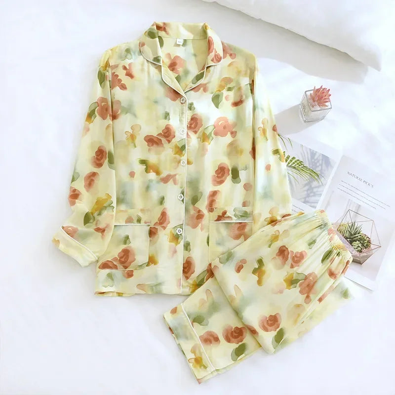 Spring and autumn ladies cute cartoon floral viscose fiber pajamas two-piece long-sleeved home service cotton summer thin shorts