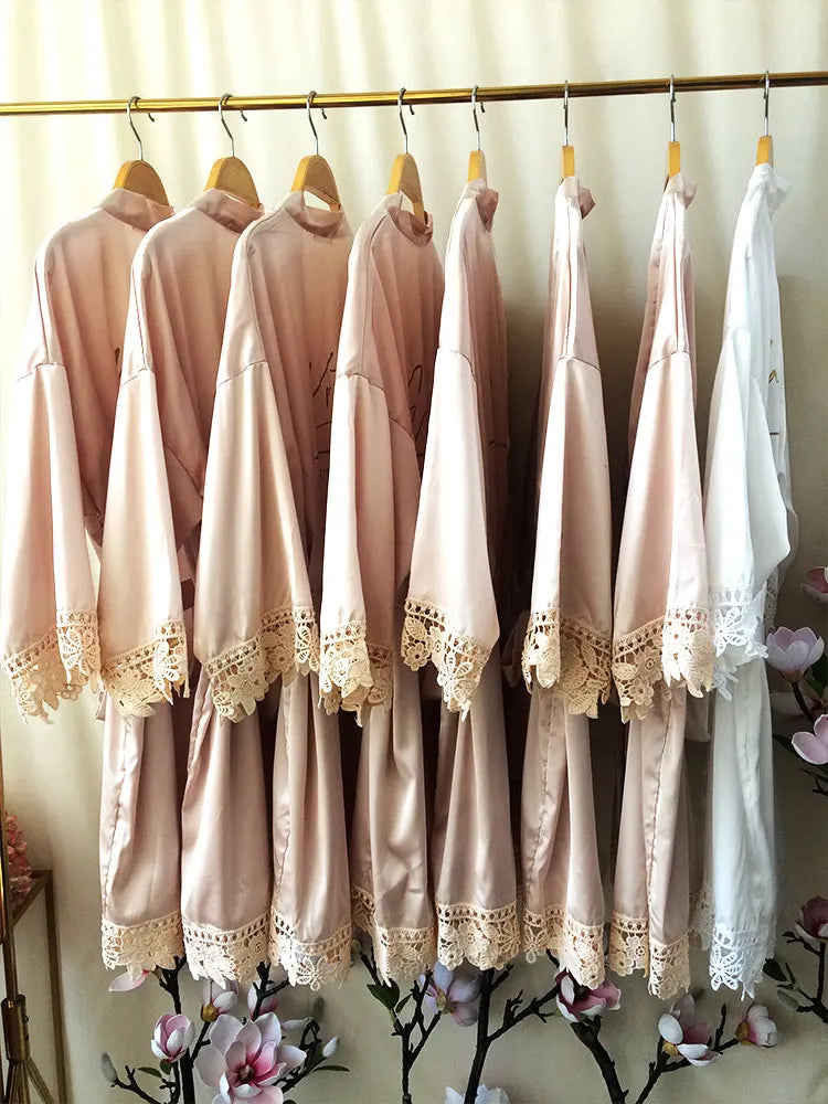 Personalized Name Dressing Gown Bride Kimono Silk bridesmaid Gowns Custom Wedding Nightgown Bachelorette Party Floral Trim Robes