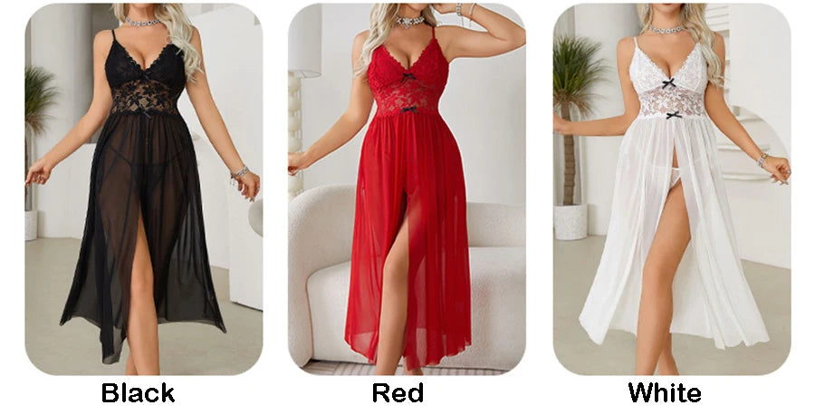 Women Sexy Floral Lace Mesh Nightgown V-Neck Sleeveless High Slit Backless Slip Dress with Bowknot Suspender Lingerie Sleepwear