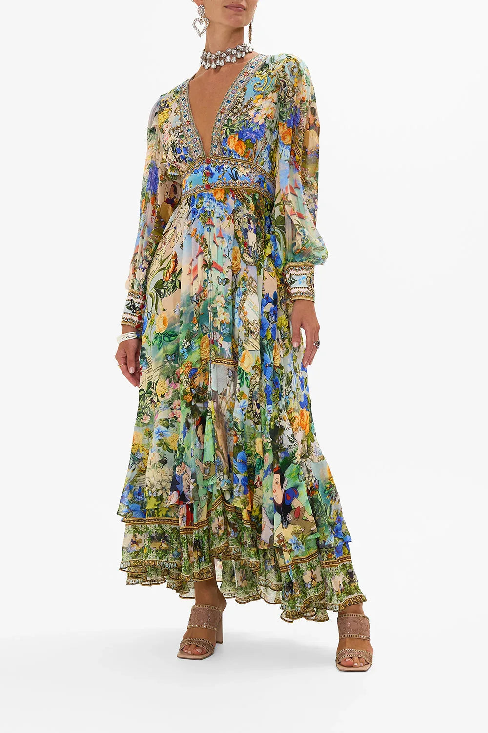 European and American New Arrival Hot Sale PrintingVCollar Long-Sleeved Bubble Sleeve Waist-Tied Summer New Women's Clothes
