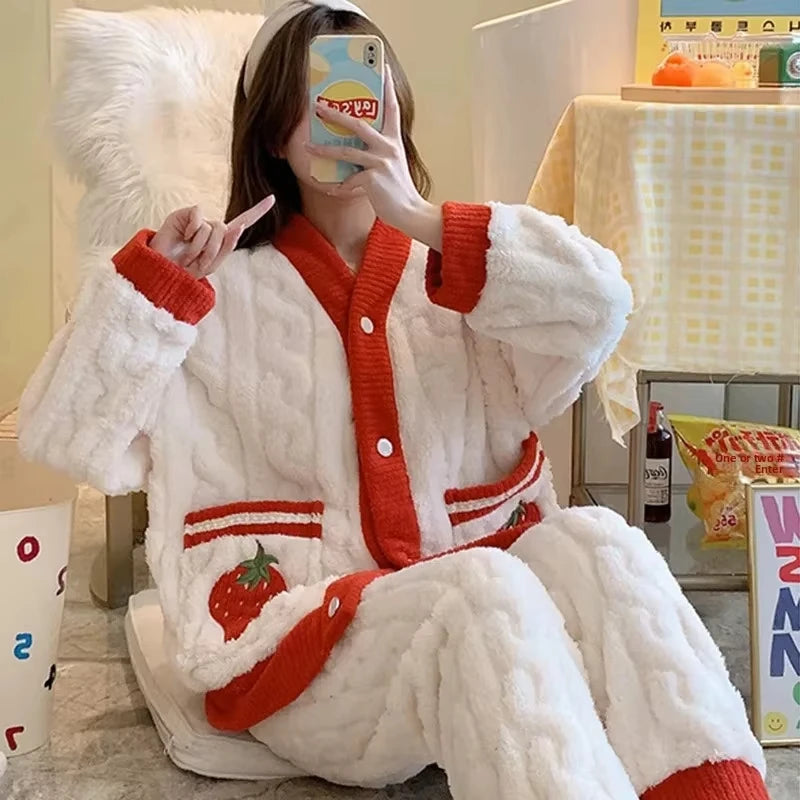 Pyjama épais en flanelle et velours corail fraise, vêtements de maison pour femmes, ensemble de vêtements de nuit à col en v, sa