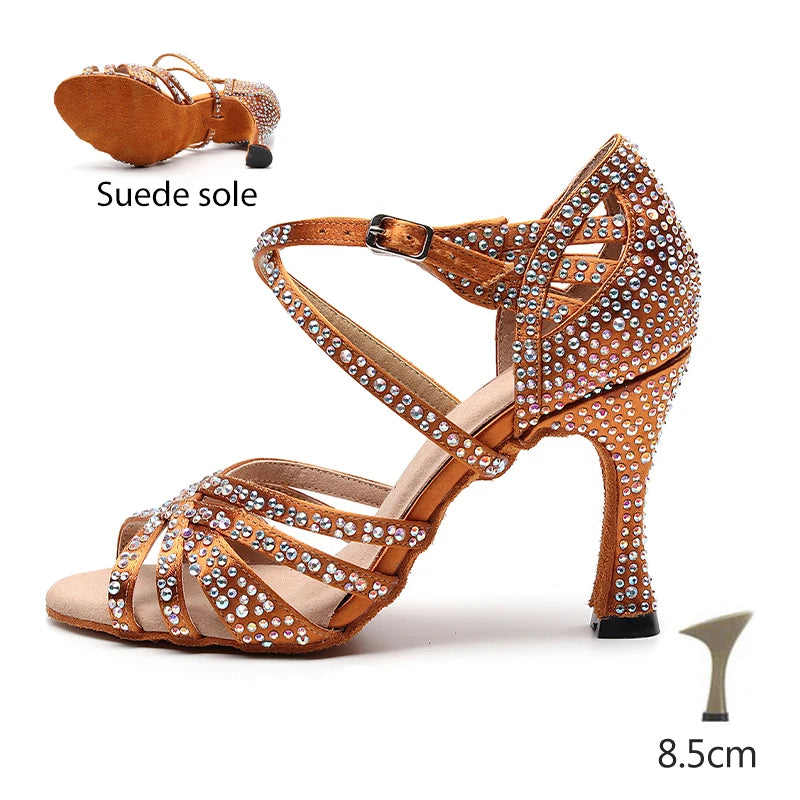 HROYL Ballroom Latin Dance Shoes Ladies Girls New Silk Satin Shiny Rhinestone Cuban High Heels Party Salsa Dance Shoes Women