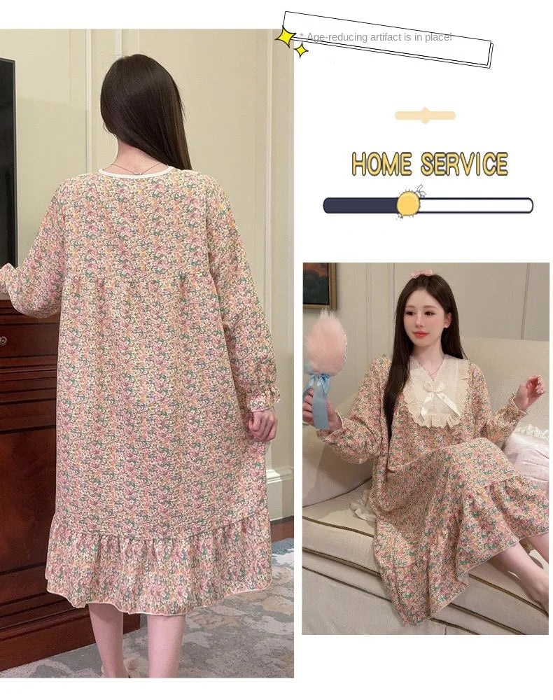 2026 Comfy Long Sleeve Home Dress, Women's Floral Print Loungewear for Spring Autumn, Oversize Sweet Korean Style