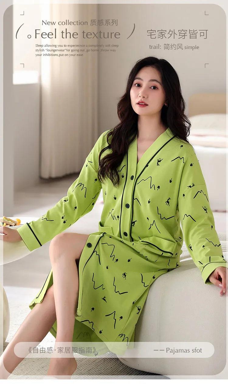 Big Size M-5XL Spring and Autumn Women Nightdress With Chest Pad Femme Knited Cotton Nightwear Floral Nightgown