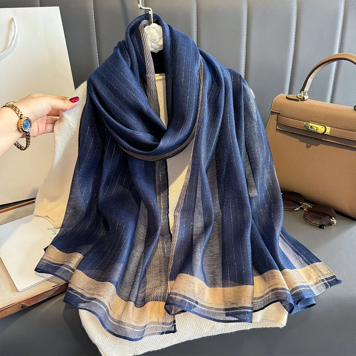 Luxury Long Scarf For Women Elegant Hijab For Travel Beach Soft Stain Neckerchief Shawl Solid Color Imitation Silk Scarves