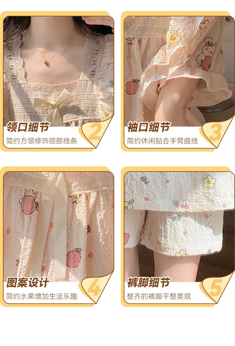 Women's Summer Floral Animal Print Short Sleeve Pajama Set  Cute Cartoon 2-Piece Pajamas Square Collar Kawaii Nightwear