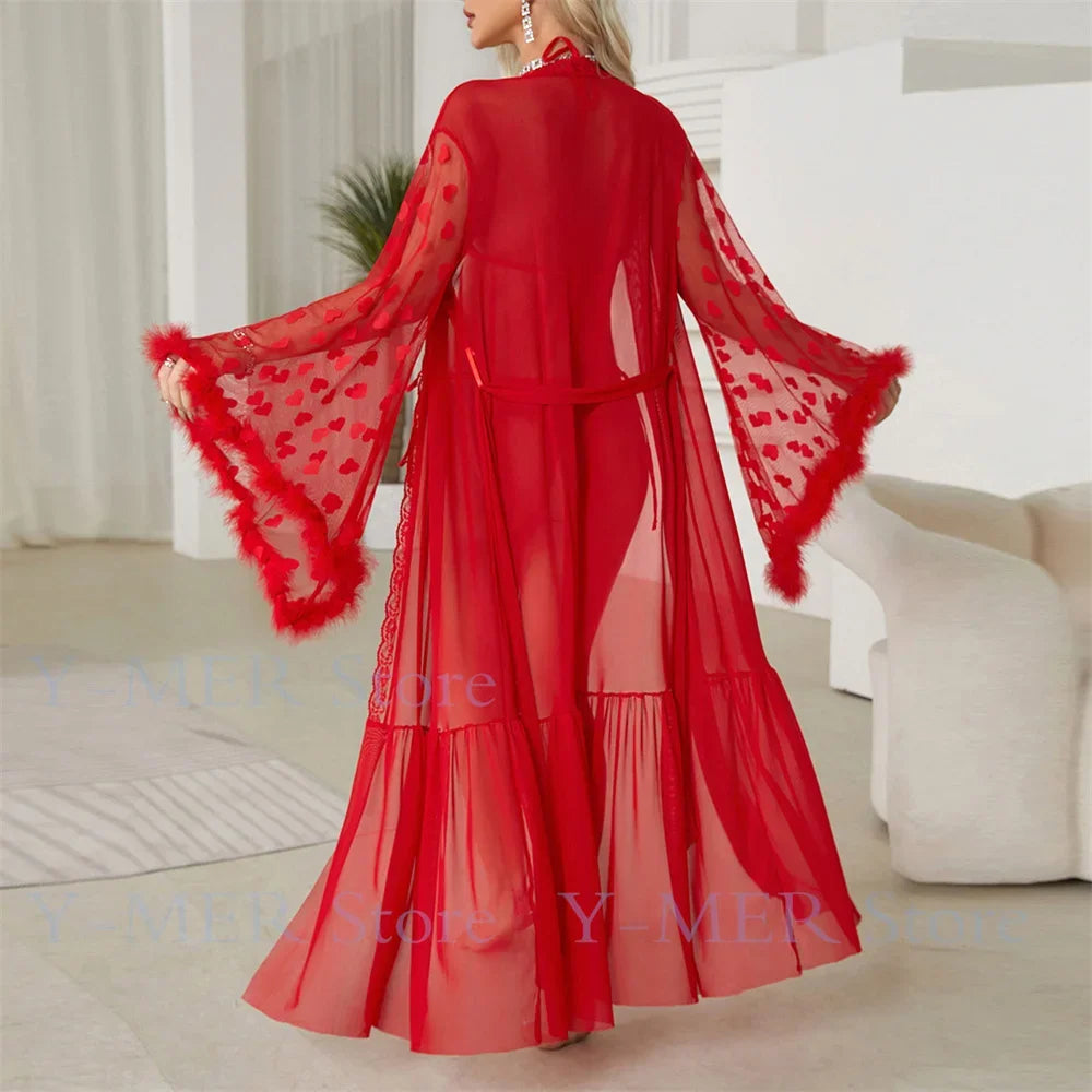Sexy Bride Wedding Dress Soft Mesh Lace Flower Robe Long Kimono Nightwear Loose Bathrobe Feather Trim Big Sleeve Nightgown