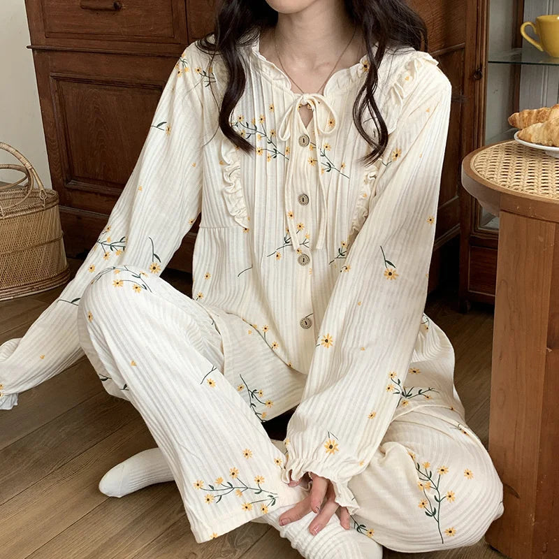 Cotton Women's Pajamas Set Floral Printed Long Sleeve Sleepwear Home Clothes Casual Ladies Nightwear Sleeping Pyjamas Suit