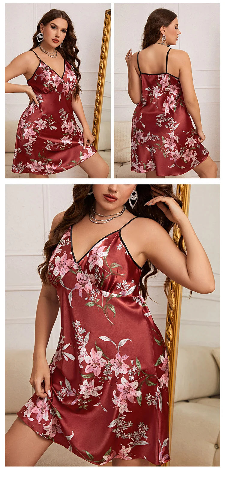 Floral Print Nightgown Oversize 4Xl 5Xl Sleepwear Women Satin Nightwear Sexy Cami Home Dress V-Neck Lingerie Homewear Nightwear