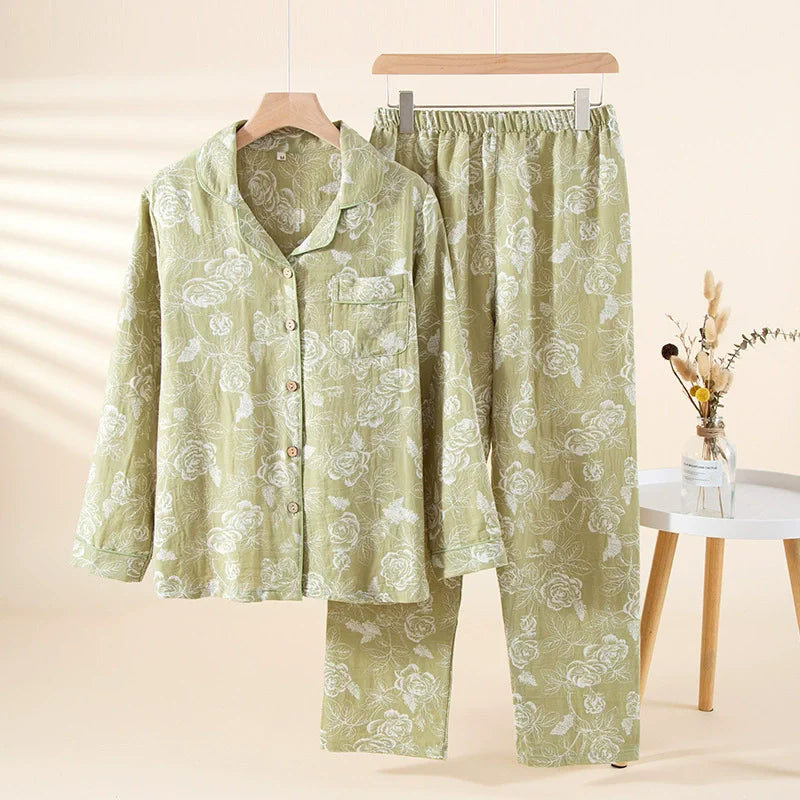 Pure Cotton Pajama Sets Autumn sleepwear Button Down Tops And Trousers Set Floral Nightwear Loungewear Suit Pijama Pyjama