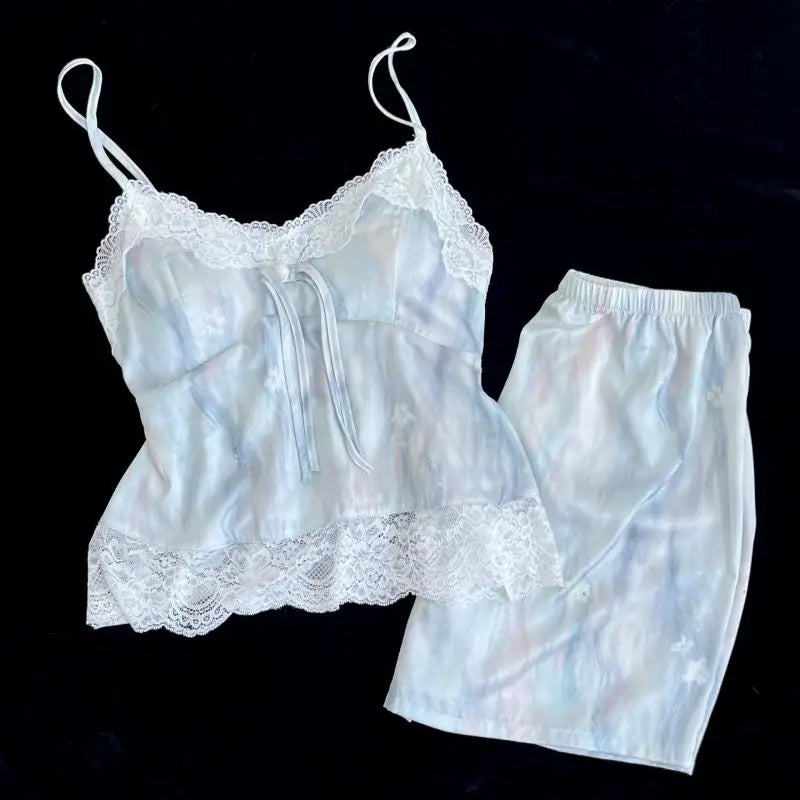 Princess Style Floral Print Pajamas Suit 4Pcs Cami Top Shorts Pants Ice Silk Loungewear Lady Sexy Lace Trim Home Clothes