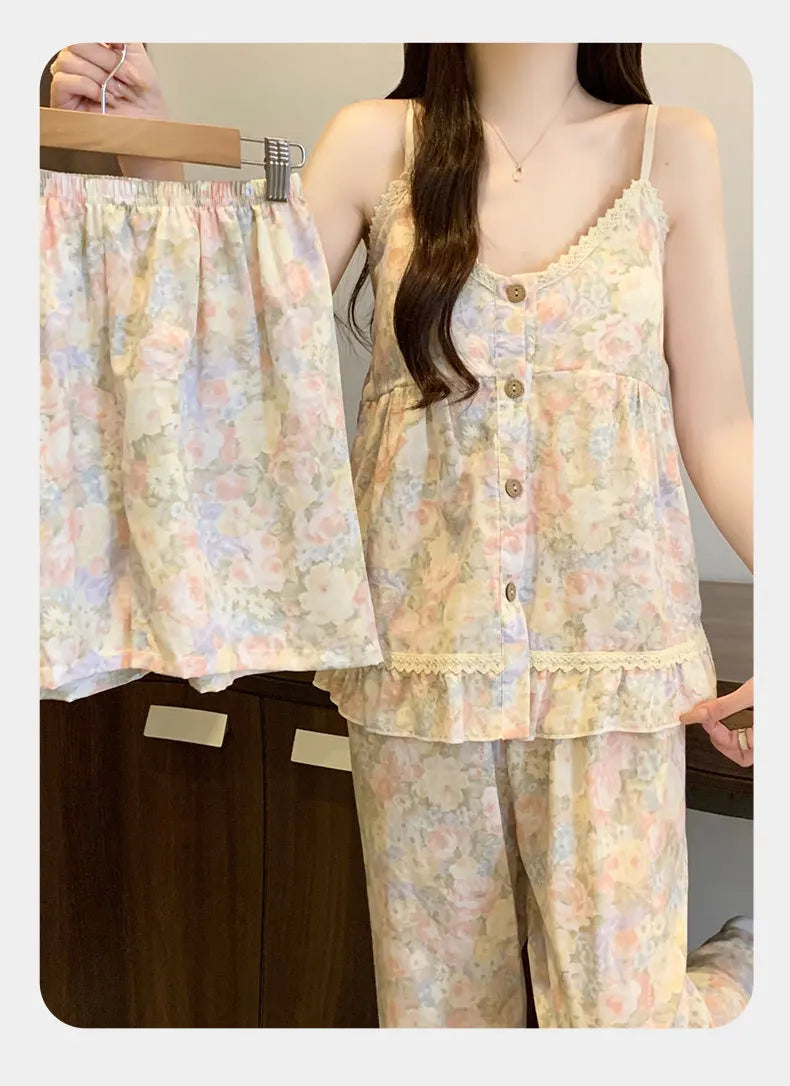 Women's Sleepwear Korean Version Floral Sleepwear Women's Summer Thin Design with Chest Cushion Cloud Cotton Suspender Pants