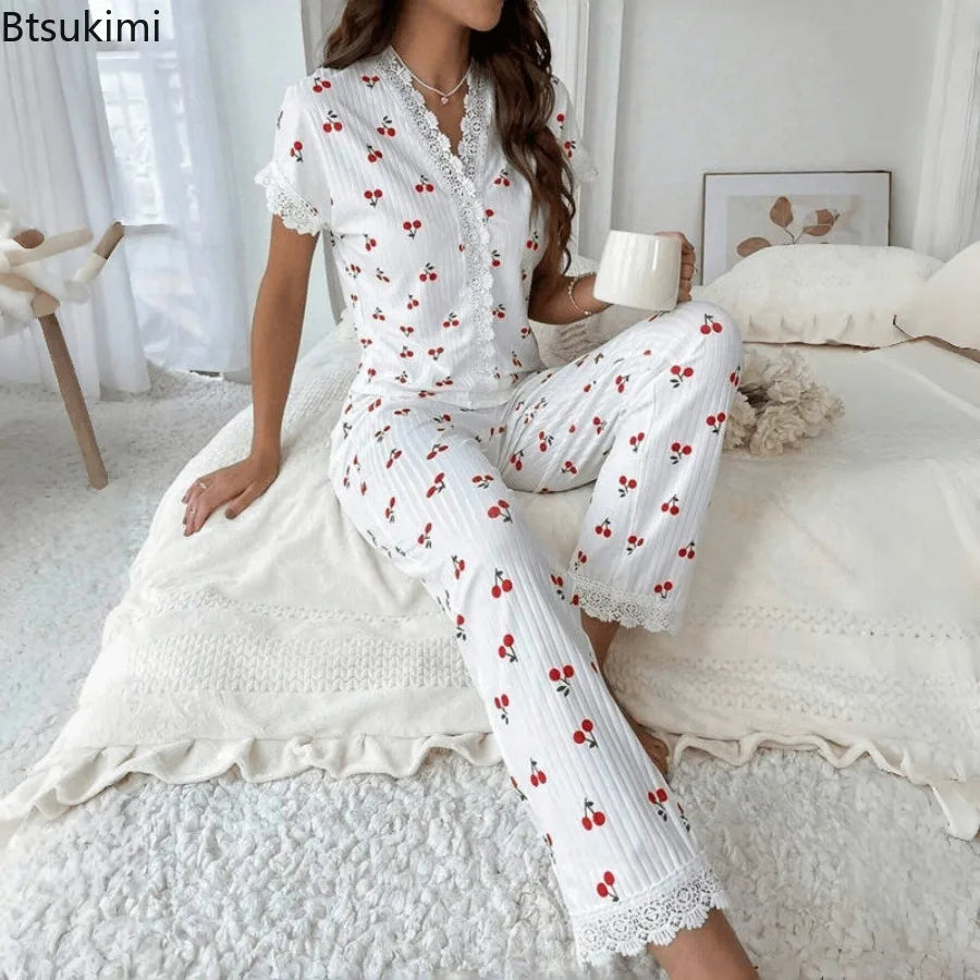 Lace Trim Women Pajama Set Short Sleeve Front Button Top & Full-Length Pants Cherry Print 2 Pieces Sleepwear Nightwear Homewear