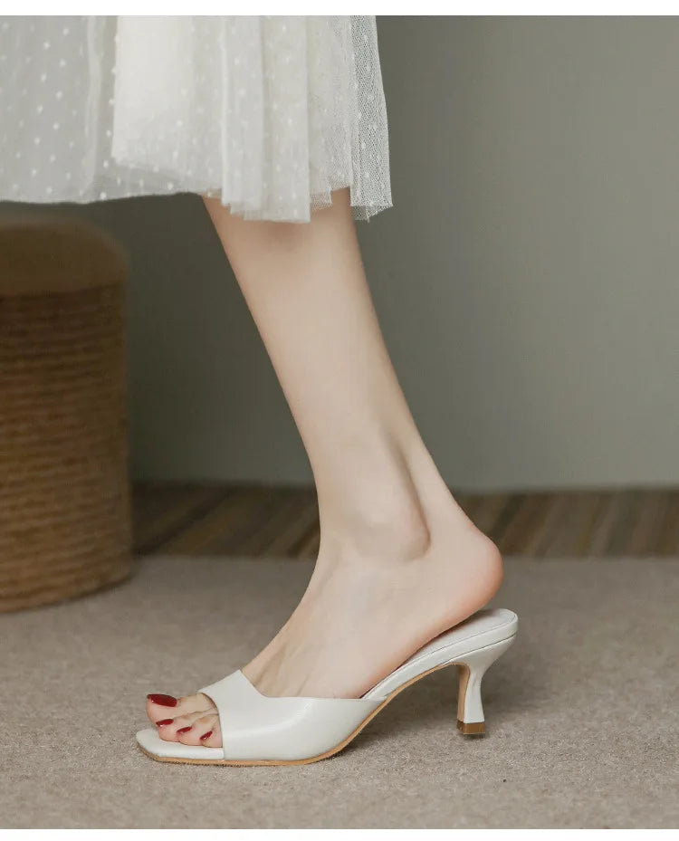 Genuine Leather French Slim Heel Slippers for Women's Summer New Fashionable Sandals Women Sweet Round Toe Slipper Ladies Shoes