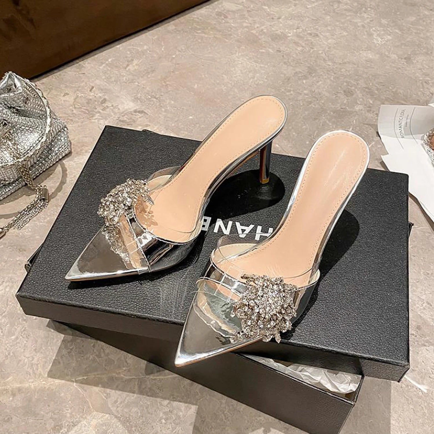 Sexy lady 2026 Diamond-Encrusted Pointed-Toe Mules Women's Sandals Transparent High Heels Sexy Thin Heel Versatile Slipperss