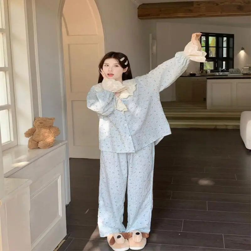 Korean Style Sweet Style Floral Pajamas for Women New Long Sleeve Long Pants Lace Trim Homewear Set Autumn Winter Loungewear Hot
