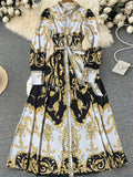 Elegant French Style Spring Summer New Long Sleeve Printed Dress with Belt Middle East Robe Ethnic Fashion for Commute Slim Fit