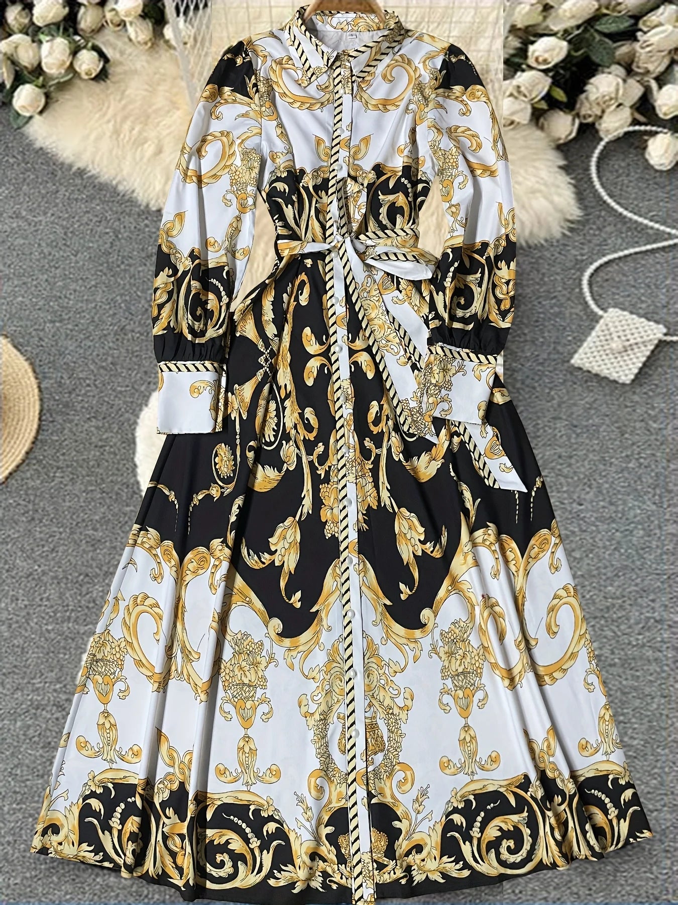 Elegant French Style Spring Summer New Long Sleeve Printed Dress with Belt Middle East Robe Ethnic Fashion for Commute Slim Fit