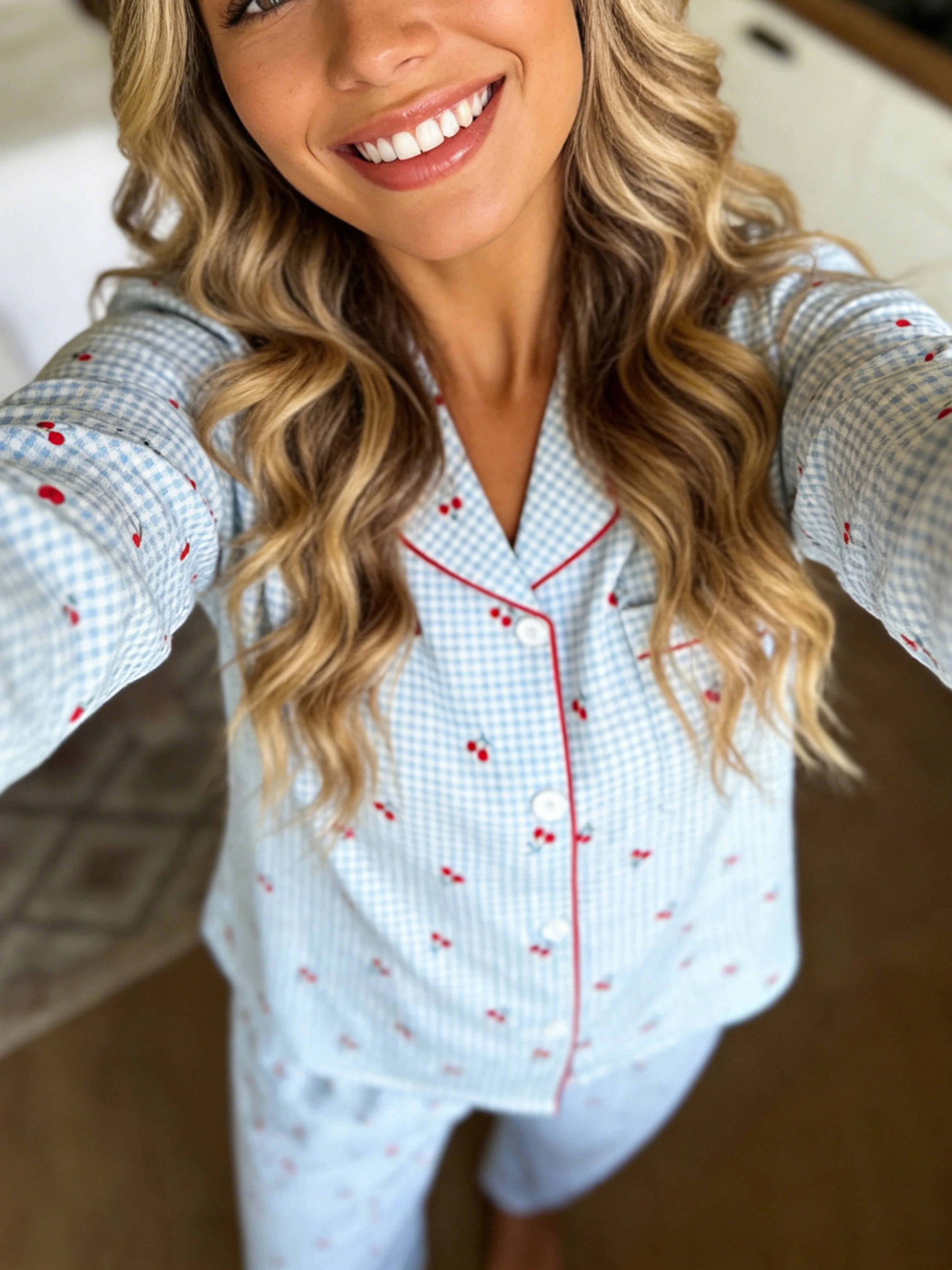 Women Pajamas Notch Lapel Long Sleeve Pants 2 Piece Set Spring Fall Winter Cute Cherry Print Homewear