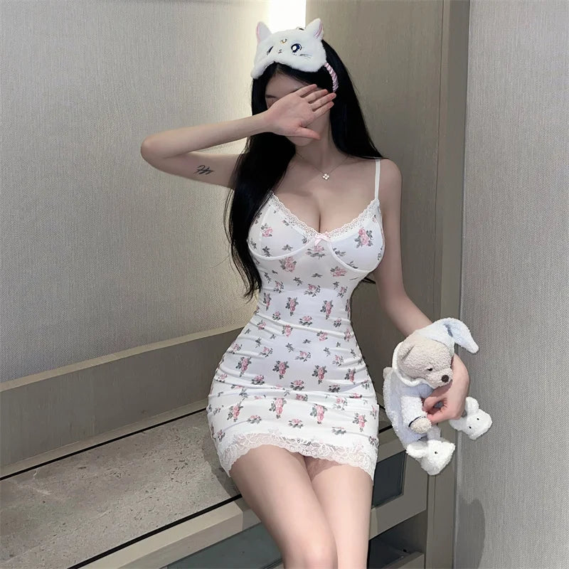 Sexy Floral Nightgowns Women Lace Patchwork Korean Romantic Sleepwear Spaghetti Strap Y2k Bodycon Comfortable Trendy Daily Ins