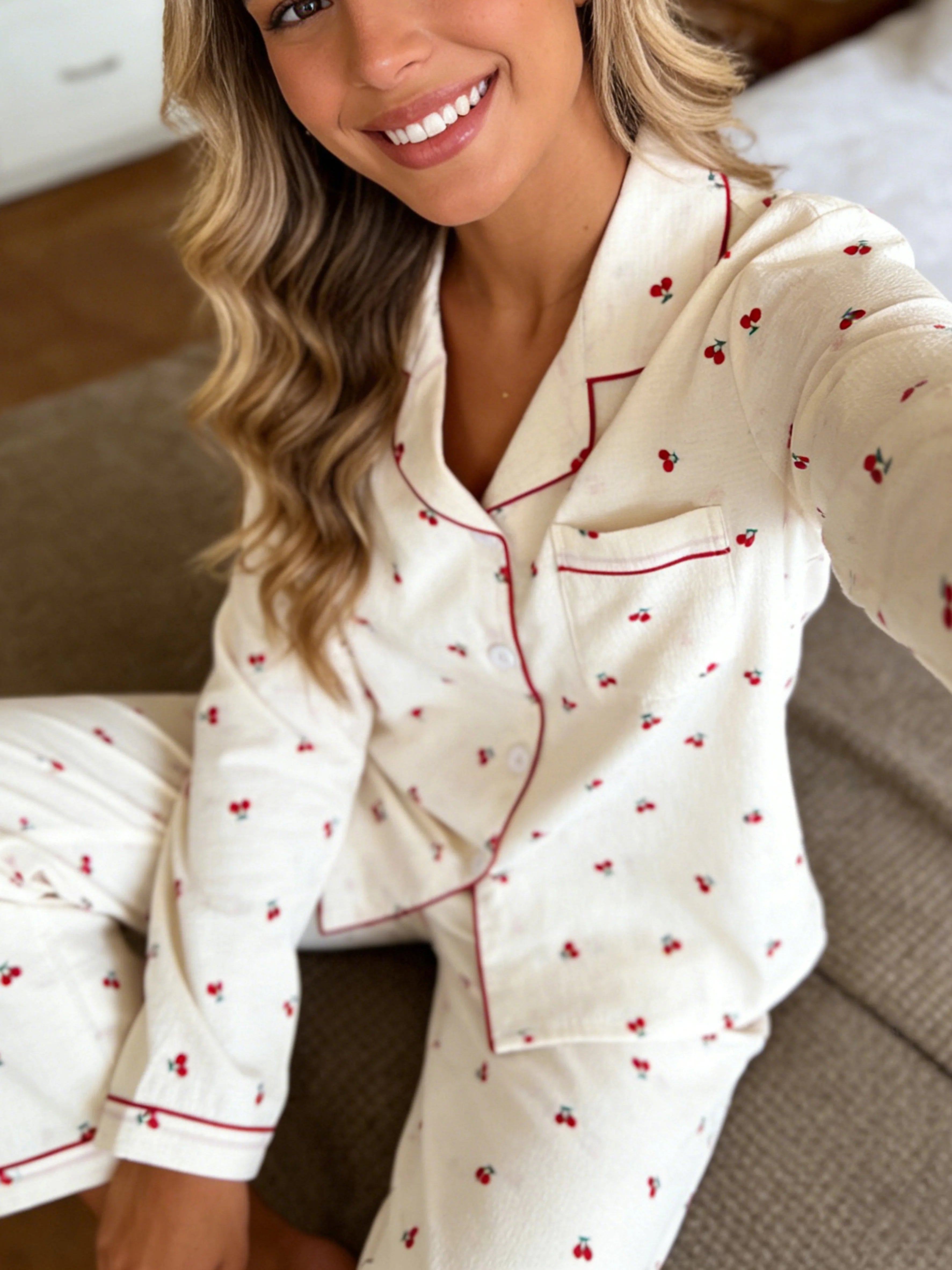 Women Pajamas Notch Lapel Long Sleeve Pants 2 Piece Set Spring Fall Winter Cute Cherry Print Homewear