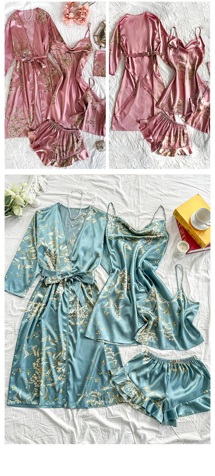Oversize Pijama Mujer Print Flower 4Pcs Robe Pajama Set Loungewear Summer New Ice Silk Kimono Bathrobe Gown Loose Women Homewear