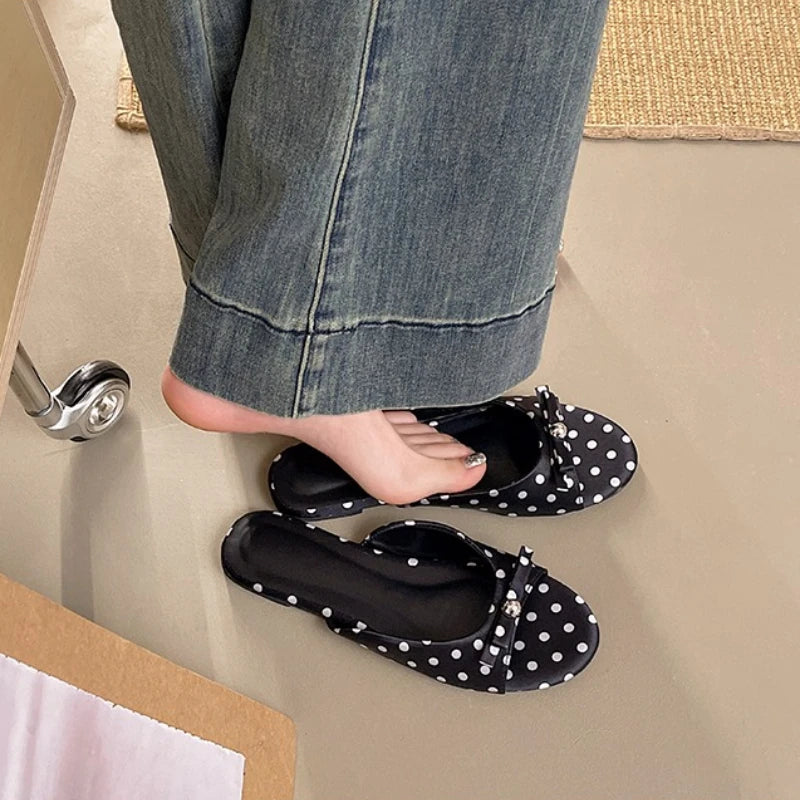 Cute Polka Dot Women Slippers Comfortable Soft Sole Slip On Flats Dress Shoes 2026 Summer Outdoor Beach Vacation Slides Shoes